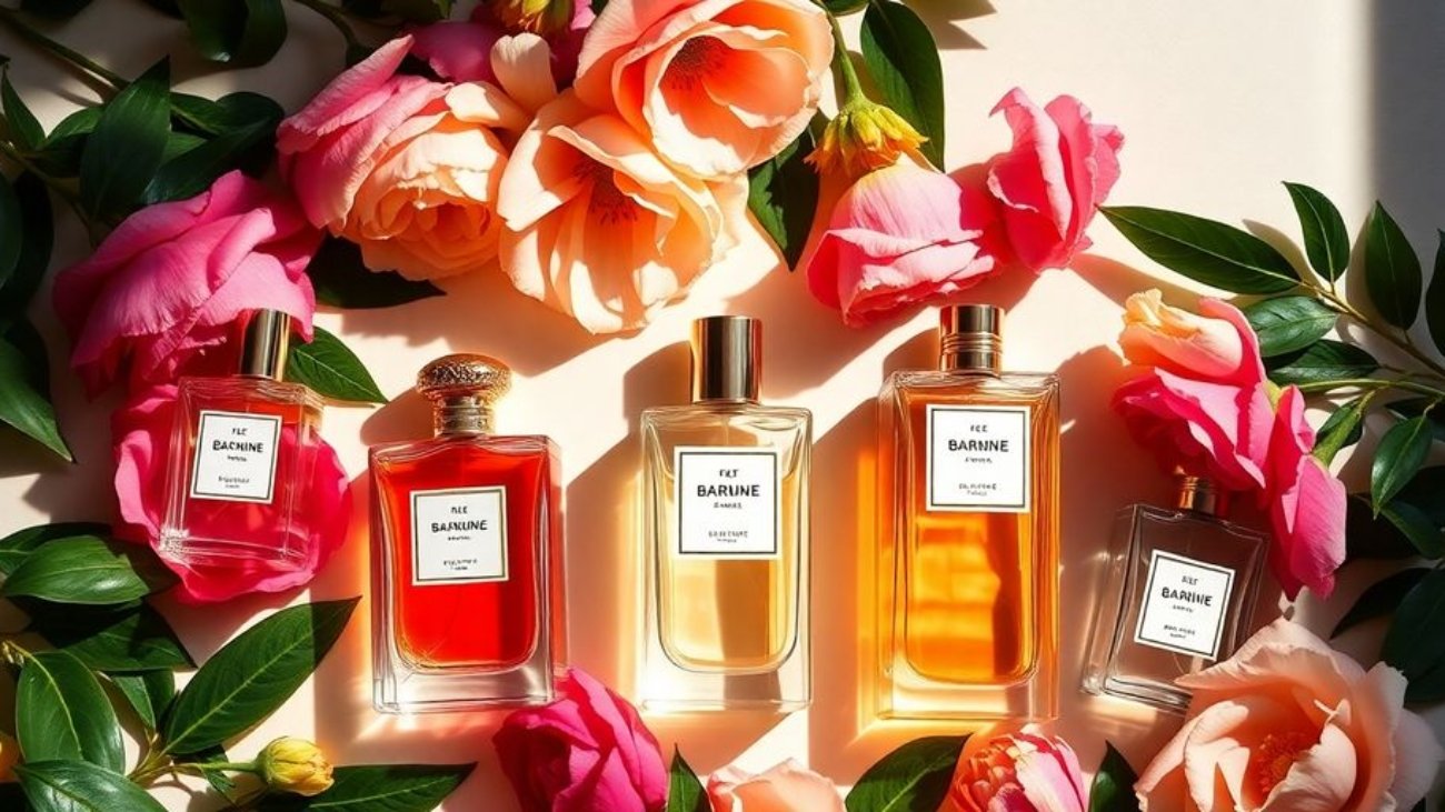 Bouteilles de parfum élégantes avec des fleurs fraîches.