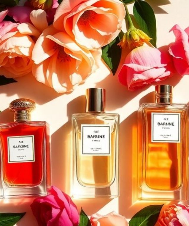 Bouteilles de parfum élégantes avec des fleurs fraîches.