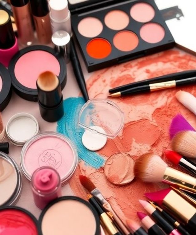 Produits de maquillage variés et palettes colorées.