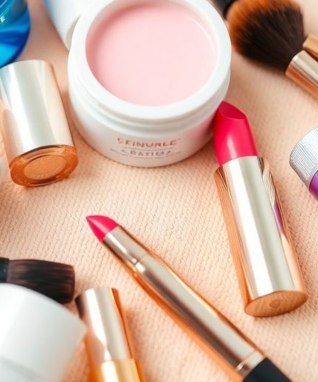 Produits de beauté variés sur un fond doux.
