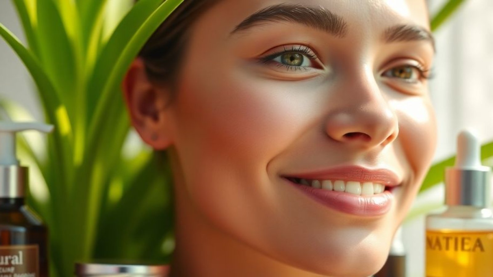 Femme avec peau éclatante et produits de soin naturel.