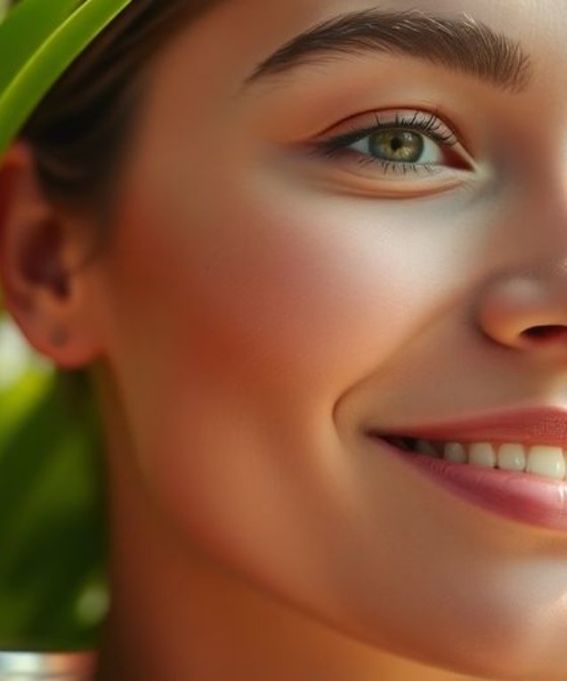 Femme avec peau éclatante et produits de soin naturel.