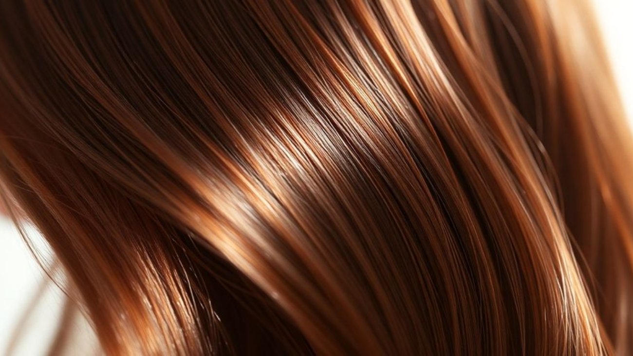 Cheveux brillants et sains sous une lumière douce.