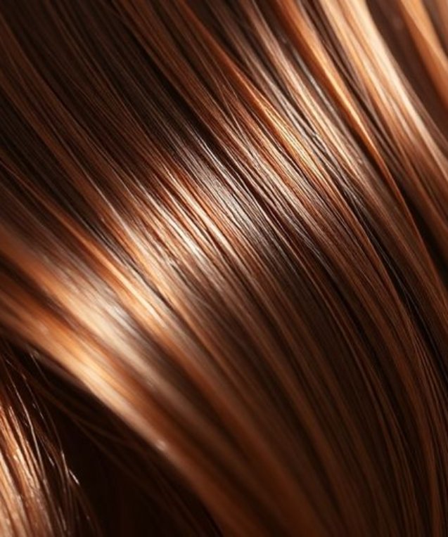 Cheveux brillants et sains sous une lumière douce.