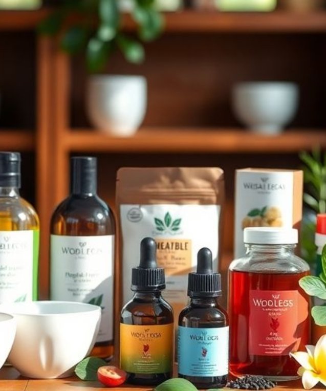 Produits bien-être variés sur une table en bois.