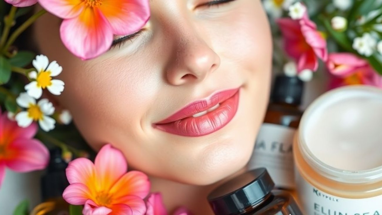 Visage éclatant avec produits de soin naturel.