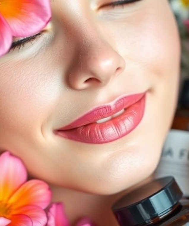 Visage éclatant avec produits de soin naturel.